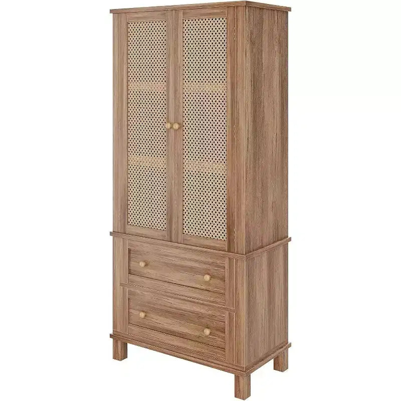 Tall Kitchen Pantry Storage Cabinet with Rattan Doors and 2 Drawers, Adjustable Shelves Utility Cupboard, Stylish Storage Solution for Kitchen