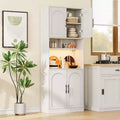 Kitchen Pantry Cabinet with RGB Lighting, Farmhouse Wood Hutch with Barn Doors, Microwave Stand, Two Open Shelves, Large Storage Cupboard