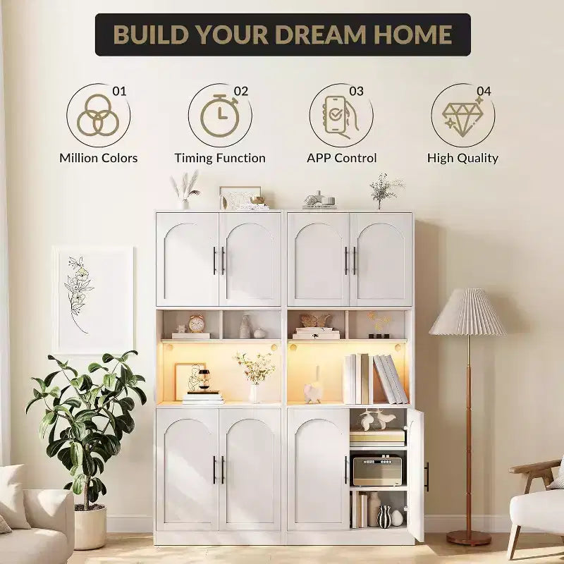 Kitchen Pantry Cabinet with RGB Lighting, Farmhouse Wood Hutch with Barn Doors, Microwave Stand, Two Open Shelves, Large Storage Cupboard