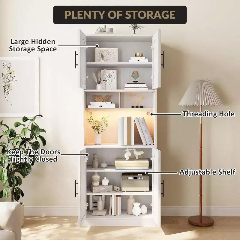 Kitchen Pantry Cabinet with RGB Lighting, Farmhouse Wood Hutch with Barn Doors, Microwave Stand, Two Open Shelves, Large Storage Cupboard