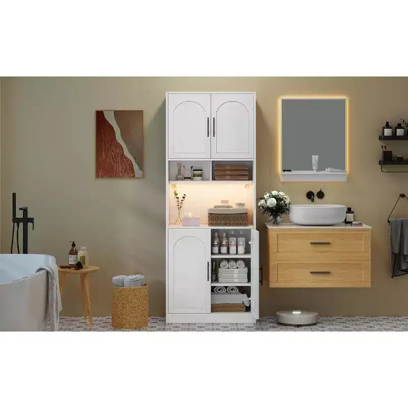 Kitchen Pantry Cabinet with RGB Lighting, Farmhouse Wood Hutch with Barn Doors, Microwave Stand, Two Open Shelves, Large Storage Cupboard