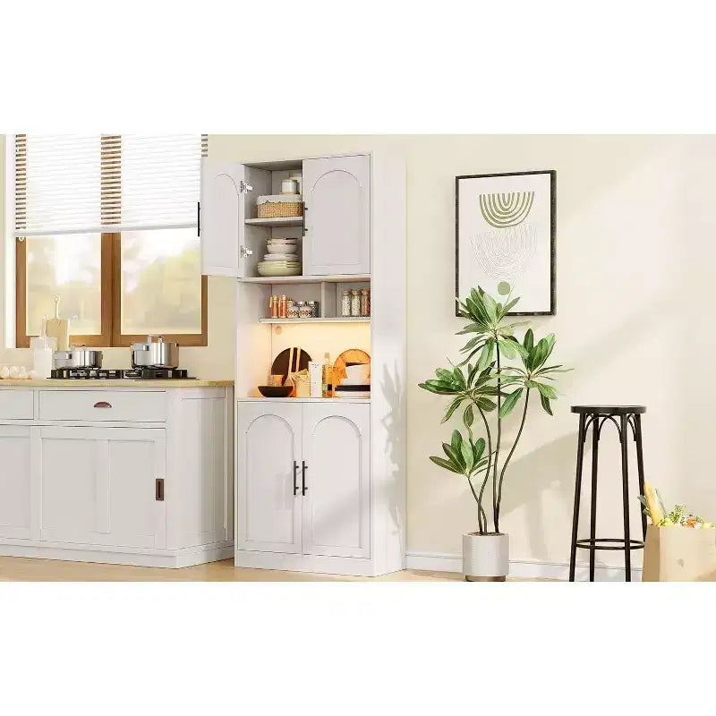 Kitchen Pantry Cabinet with RGB Lighting, Farmhouse Wood Hutch with Barn Doors, Microwave Stand, Two Open Shelves, Large Storage Cupboard