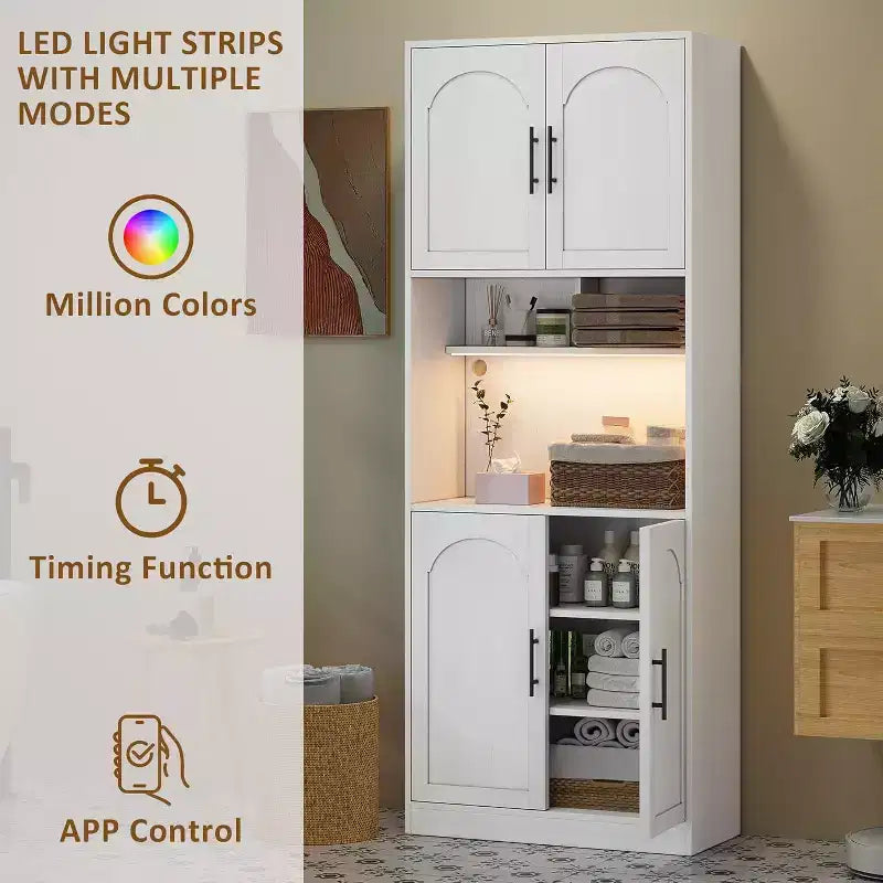 Kitchen Pantry Cabinet with RGB Lighting, Farmhouse Wood Hutch with Barn Doors, Microwave Stand, Two Open Shelves, Large Storage Cupboard