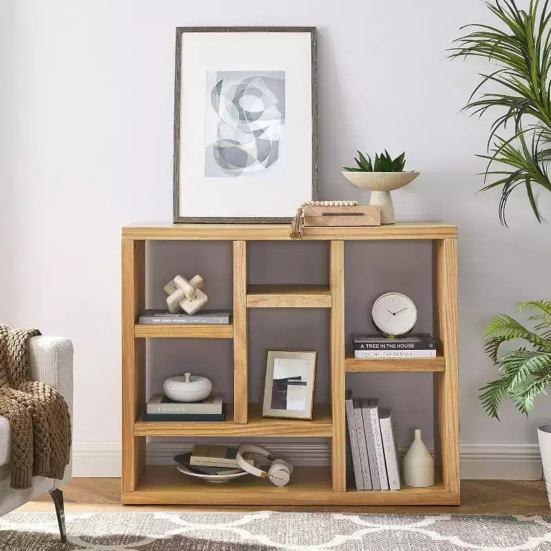 Acekool 7-Cube Bookcase, Modern Wood Storage Organizer, 3-Shelf Open Cube Display Cabinet for Kids Room, Entryway, Living Room, Natural