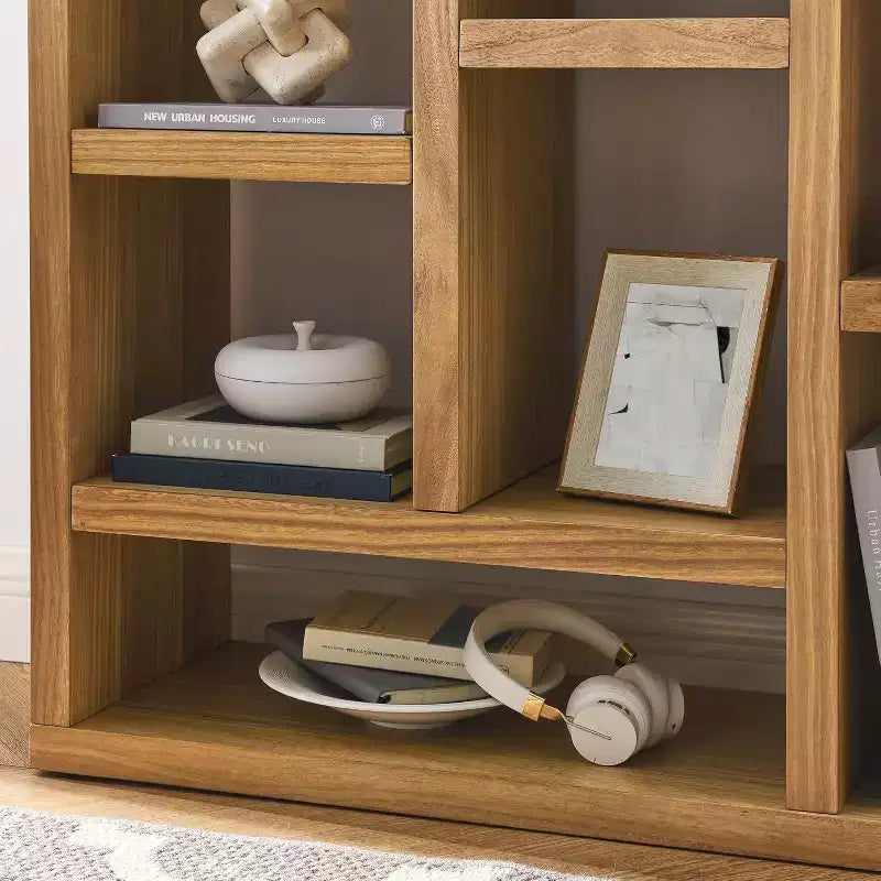 Acekool 7-Cube Bookcase, Modern Wood Storage Organizer, 3-Shelf Open Cube Display Cabinet for Kids Room, Entryway, Living Room, Natural