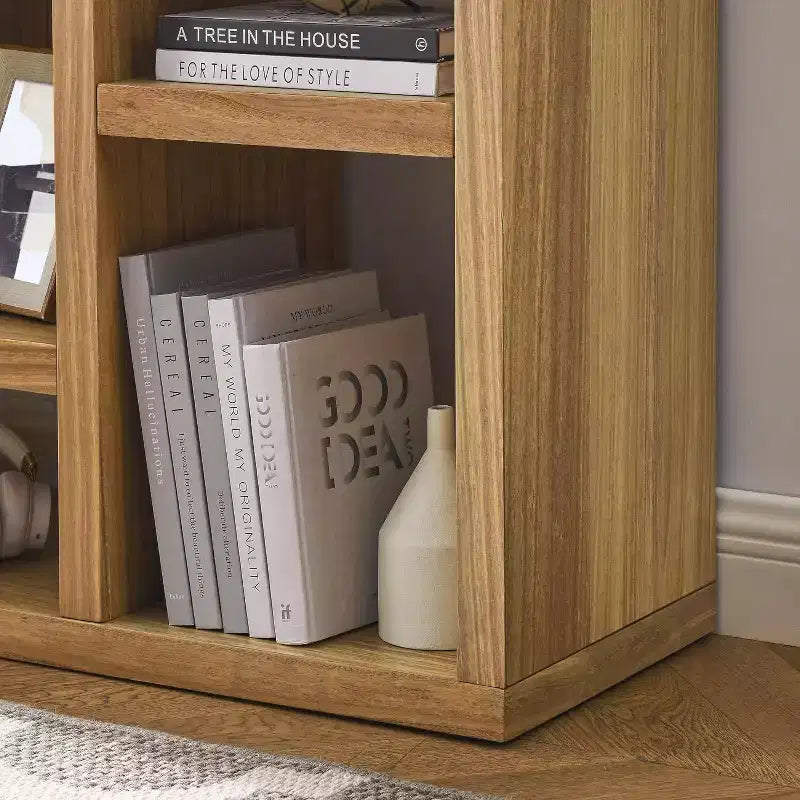 Acekool 7-Cube Bookcase, Modern Wood Storage Organizer, 3-Shelf Open Cube Display Cabinet for Kids Room, Entryway, Living Room, Natural