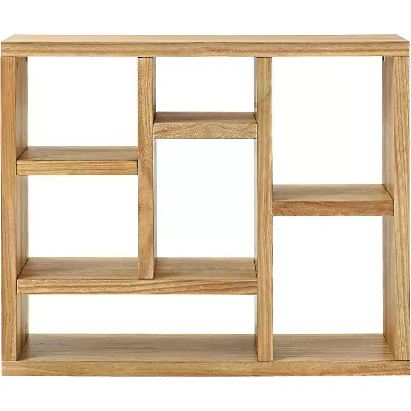 Acekool 7-Cube Bookcase, Modern Wood Storage Organizer, 3-Shelf Open Cube Display Cabinet for Kids Room, Entryway, Living Room, Natural