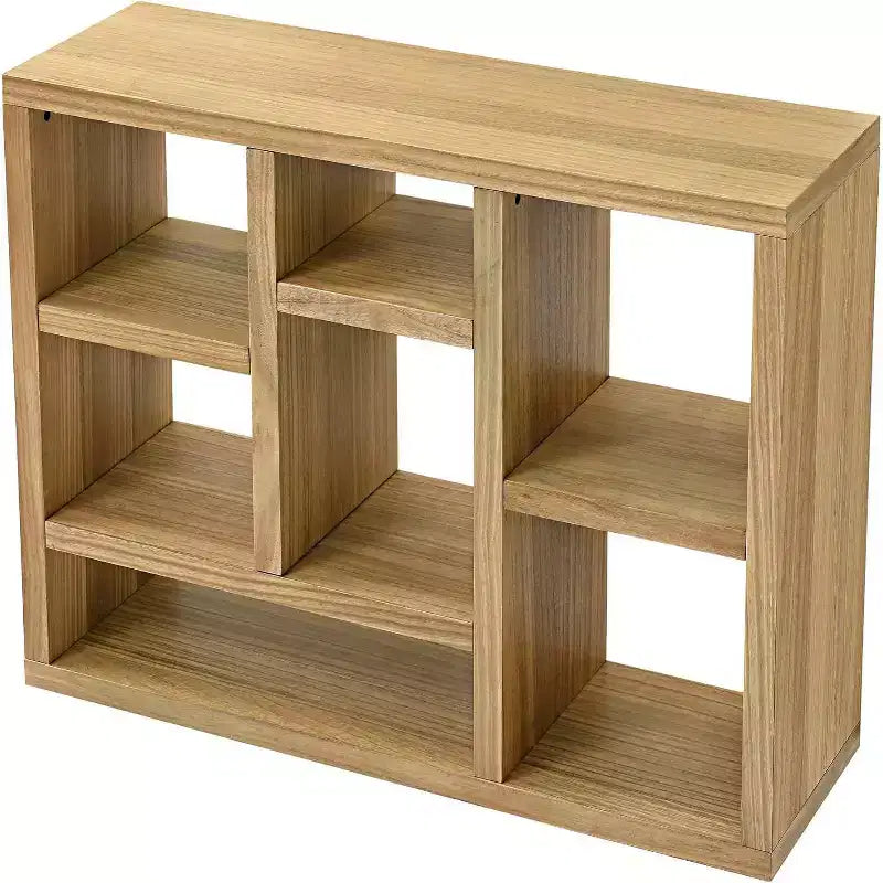 Acekool 7-Cube Bookcase, Modern Wood Storage Organizer, 3-Shelf Open Cube Display Cabinet for Kids Room, Entryway, Living Room, Natural