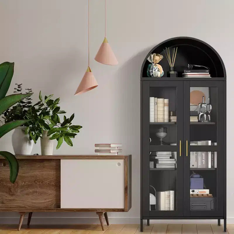 73 Arched Metal Storage Cabinet, Kitchen Pantry Cabinet with Glass Doors, Freestanding Display Cabinet with 2 Adjustable Shelves