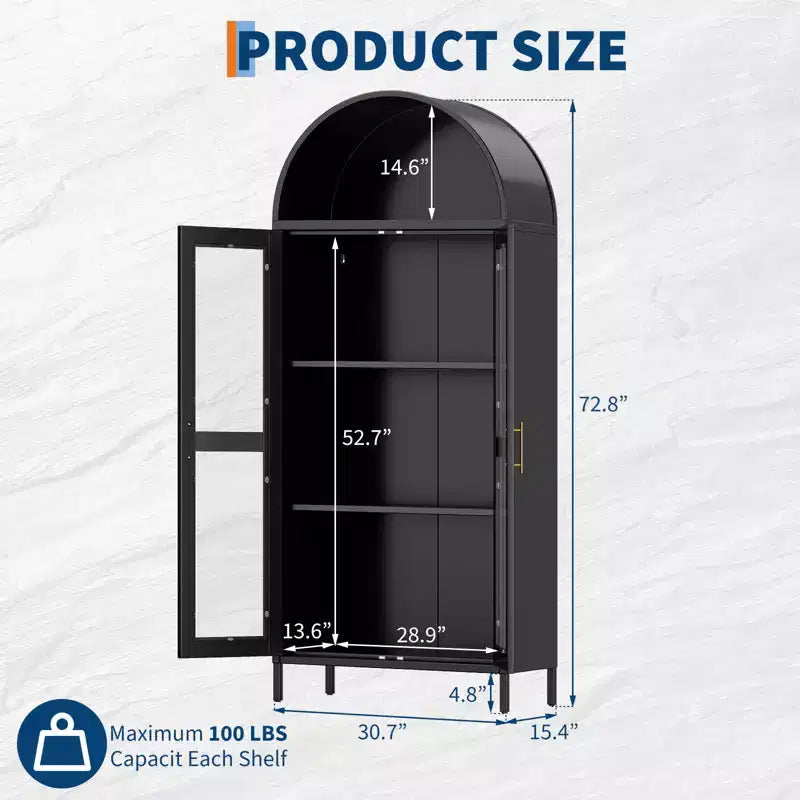 73 Arched Metal Storage Cabinet, Kitchen Pantry Cabinet with Glass Doors, Freestanding Display Cabinet with 2 Adjustable Shelves