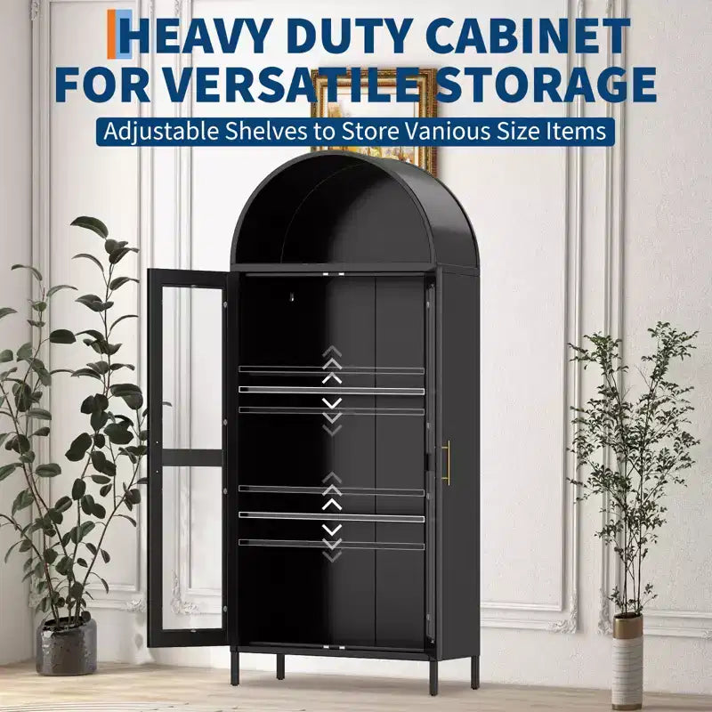 73 Arched Metal Storage Cabinet, Kitchen Pantry Cabinet with Glass Doors, Freestanding Display Cabinet with 2 Adjustable Shelves