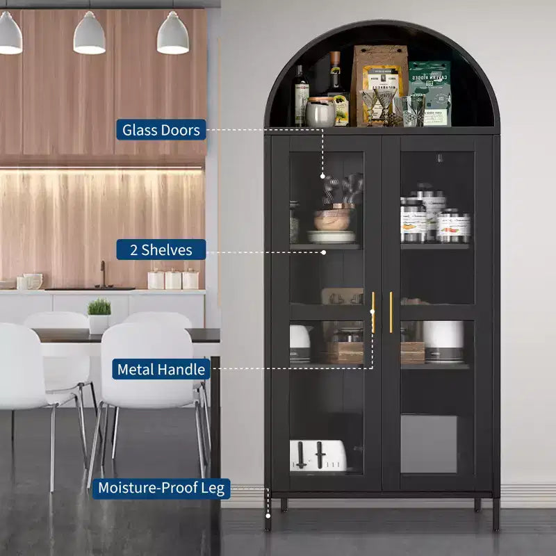 73 Arched Metal Storage Cabinet, Kitchen Pantry Cabinet with Glass Doors, Freestanding Display Cabinet with 2 Adjustable Shelves