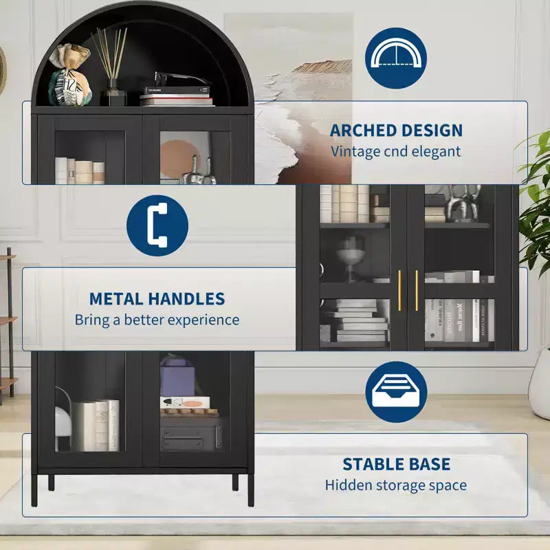 73 Arched Metal Storage Cabinet, Kitchen Pantry Cabinet with Glass Doors, Freestanding Display Cabinet with 2 Adjustable Shelves