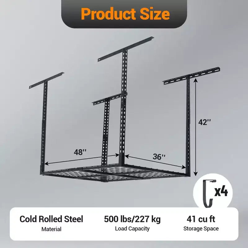 Garage Ceiling Storage Racks - Heavy Duty, Adjustable Cold Rolled Steel Racks.