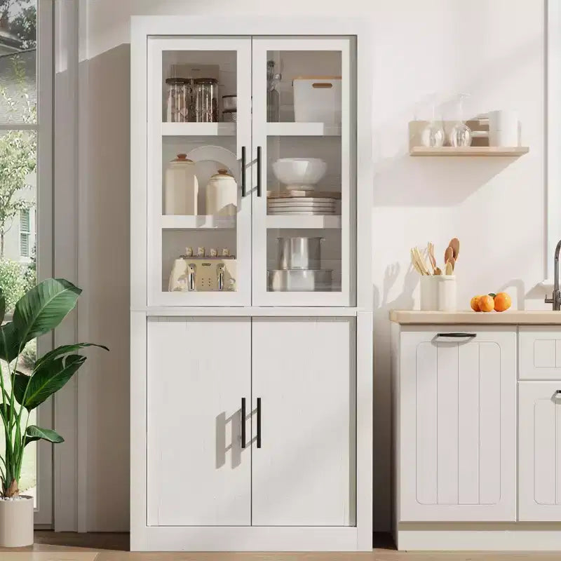 Tall Wooden Kitchen Pantry Cabinet, Farmhouse 4-Magnetic Door Freestanding Food Storage Cupboard Pantry Cabinet with Adjustable Shelves Large Storage