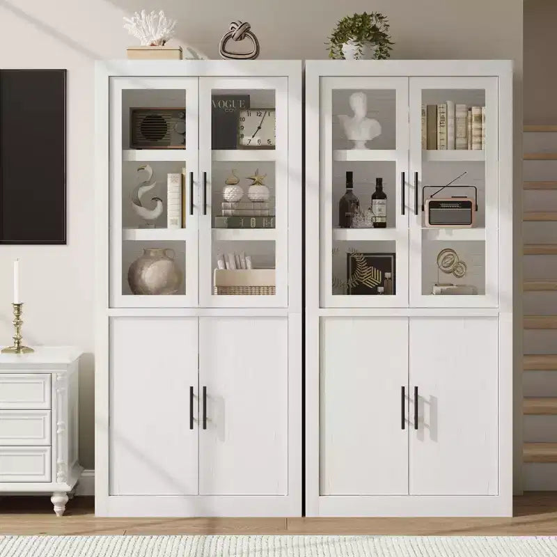 Tall Wooden Kitchen Pantry Cabinet, Farmhouse 4-Magnetic Door Freestanding Food Storage Cupboard Pantry Cabinet with Adjustable Shelves Large Storage