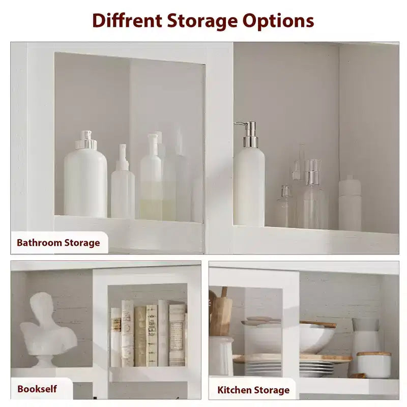 Tall Wooden Kitchen Pantry Cabinet, Farmhouse 4-Magnetic Door Freestanding Food Storage Cupboard Pantry Cabinet with Adjustable Shelves Large Storage