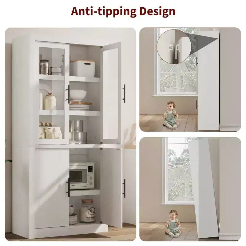 Tall Wooden Kitchen Pantry Cabinet, Farmhouse 4-Magnetic Door Freestanding Food Storage Cupboard Pantry Cabinet with Adjustable Shelves Large Storage