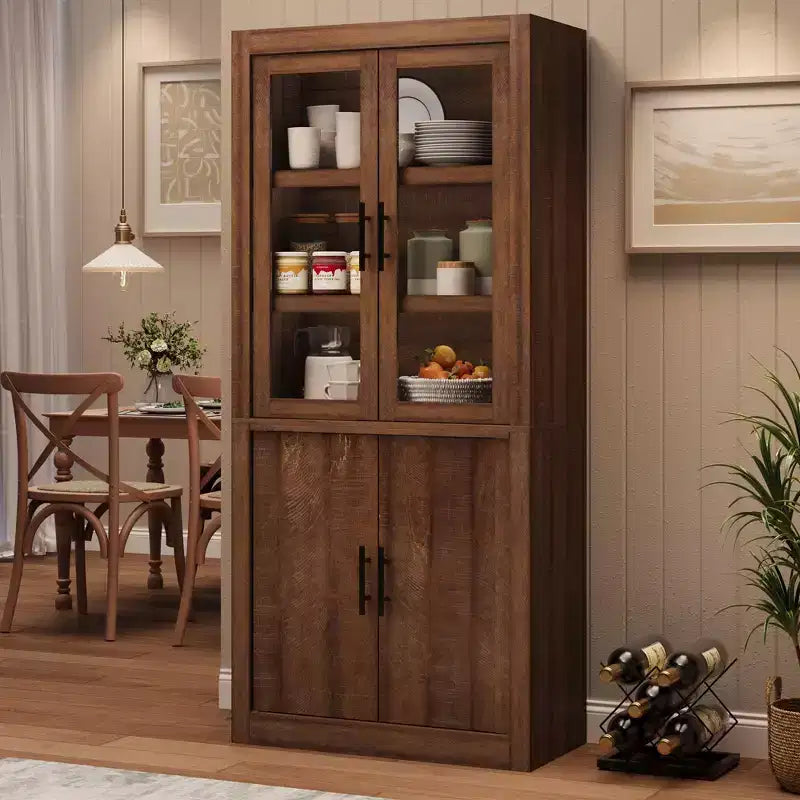 Tall Wooden Kitchen Pantry Cabinet, Farmhouse 4-Magnetic Door Freestanding Food Storage Cupboard Pantry Cabinet with Adjustable Shelves Large Storage