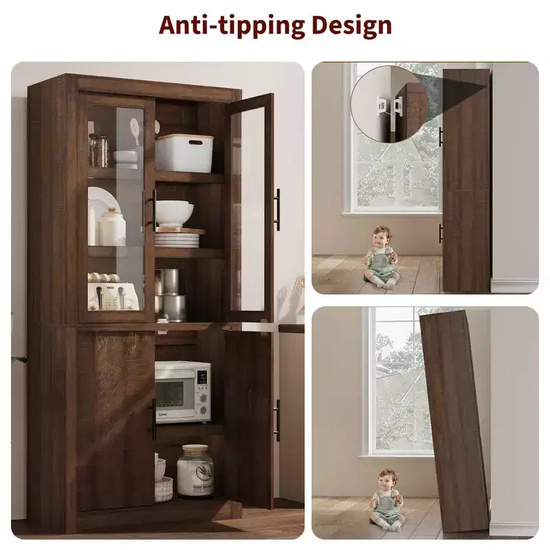 Tall Wooden Kitchen Pantry Cabinet, Farmhouse 4-Magnetic Door Freestanding Food Storage Cupboard Pantry Cabinet with Adjustable Shelves Large Storage