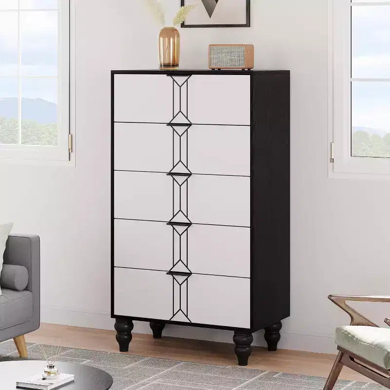 Acekool 5 Drawer Dresser, Modern Chest with Vintage Pattern, Deep Storage Drawers for Bedroom, Living Room, Entryway