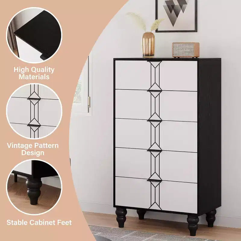 Acekool 5 Drawer Dresser, Modern Chest with Vintage Pattern, Deep Storage Drawers for Bedroom, Living Room, Entryway