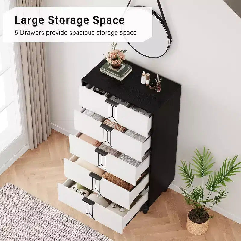 Acekool 5 Drawer Dresser, Modern Chest with Vintage Pattern, Deep Storage Drawers for Bedroom, Living Room, Entryway
