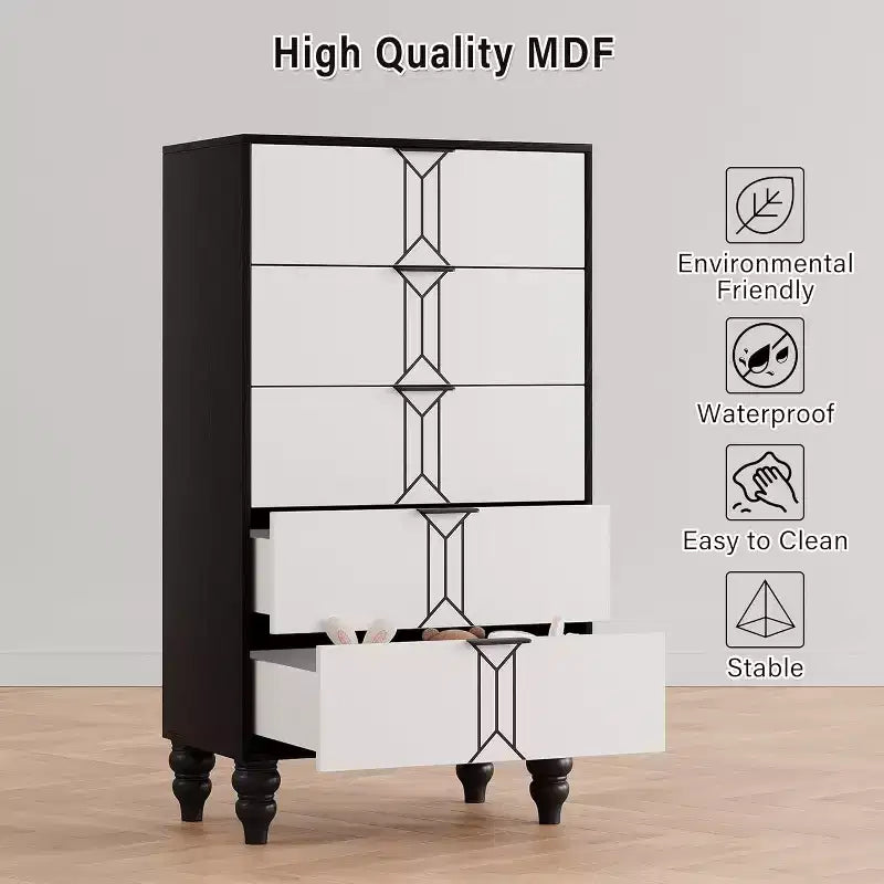 Acekool 5 Drawer Dresser, Modern Chest with Vintage Pattern, Deep Storage Drawers for Bedroom, Living Room, Entryway