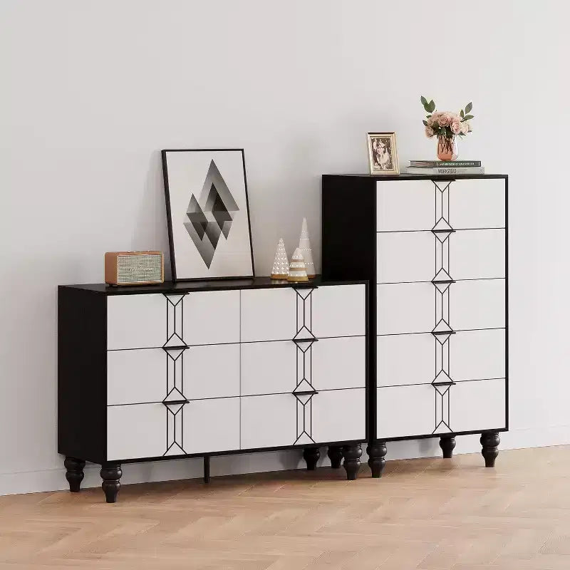Acekool 5 Drawer Dresser, Modern Chest with Vintage Pattern, Deep Storage Drawers for Bedroom, Living Room, Entryway