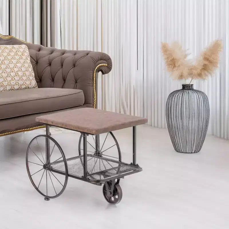 Vintiquewise Industrial Wagon Style Coffee Table with Rustic Wood Top Large Spoke Rolling Wheels Mesh Shelf Functional End Table and Magazine Holder