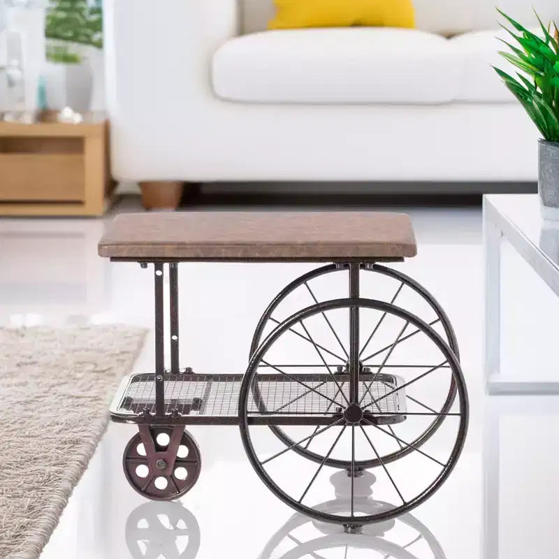 Vintiquewise Industrial Wagon Style Coffee Table with Rustic Wood Top Large Spoke Rolling Wheels Mesh Shelf Functional End Table and Magazine Holder