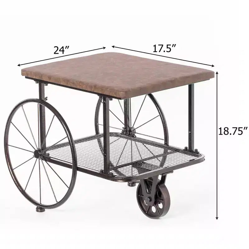 Vintiquewise Industrial Wagon Style Coffee Table with Rustic Wood Top Large Spoke Rolling Wheels Mesh Shelf Functional End Table and Magazine Holder