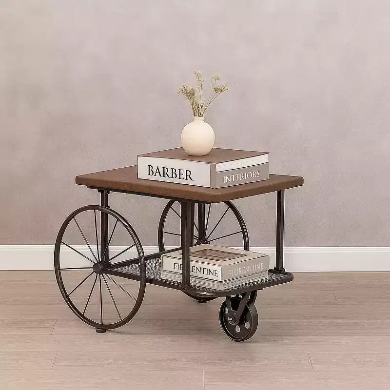 Vintiquewise Industrial Wagon Style Coffee Table with Rustic Wood Top Large Spoke Rolling Wheels Mesh Shelf Functional End Table and Magazine Holder