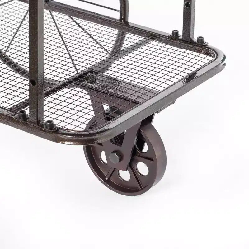Vintiquewise Industrial Wagon Style Coffee Table with Rustic Wood Top Large Spoke Rolling Wheels Mesh Shelf Functional End Table and Magazine Holder
