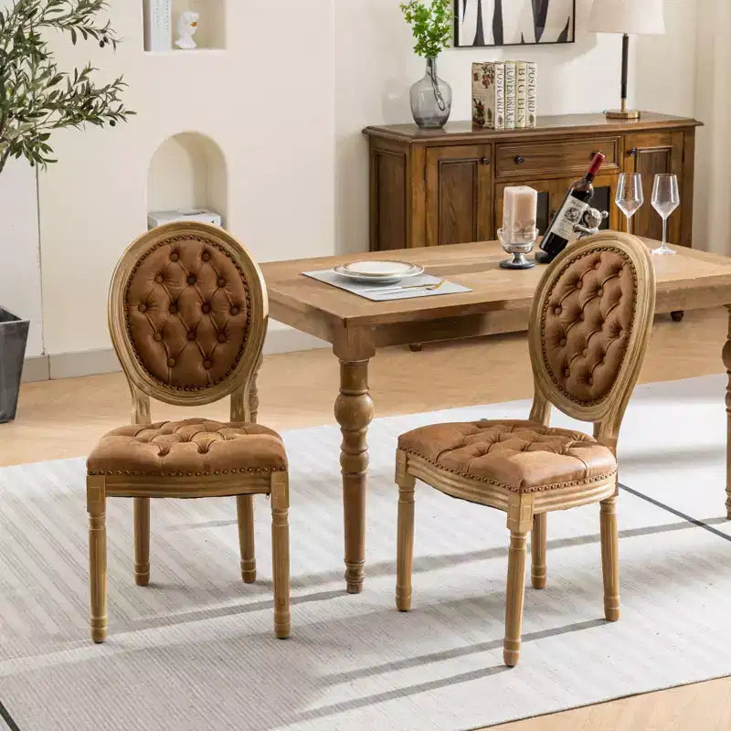 CLIHOME Set of 2 French Style Solid Wood Frame Antique Painting Accent Chairs, PU Artificial Leather Dining Chairs