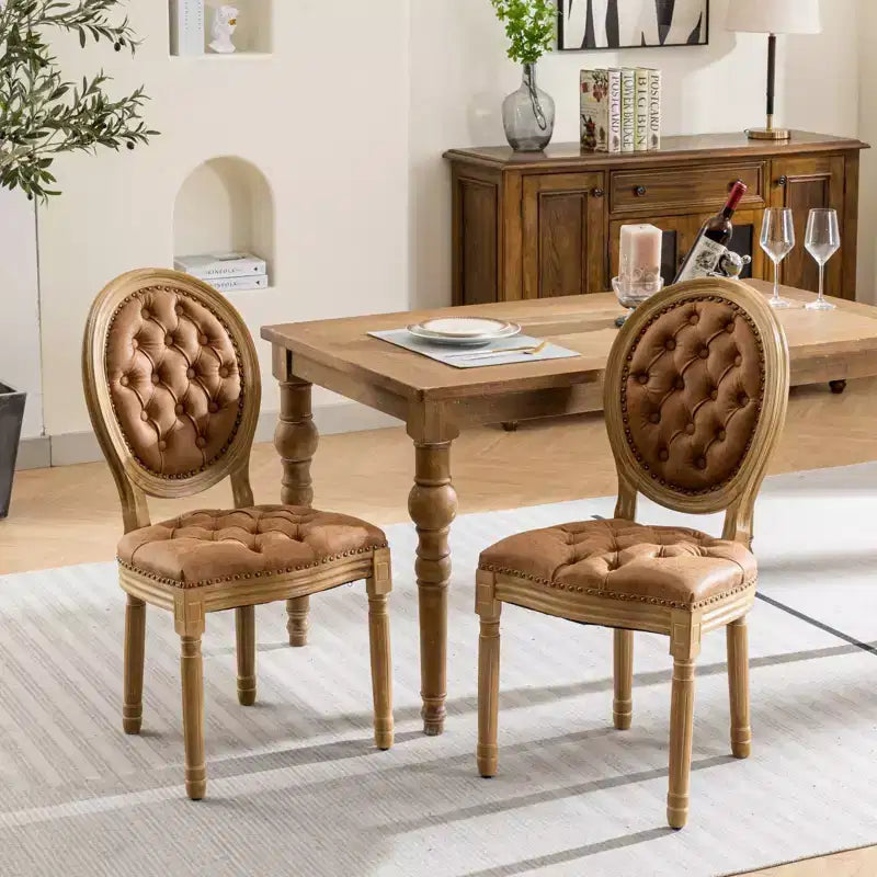 CLIHOME Set of 2 French Style Solid Wood Frame Antique Painting Accent Chairs, PU Artificial Leather Dining Chairs