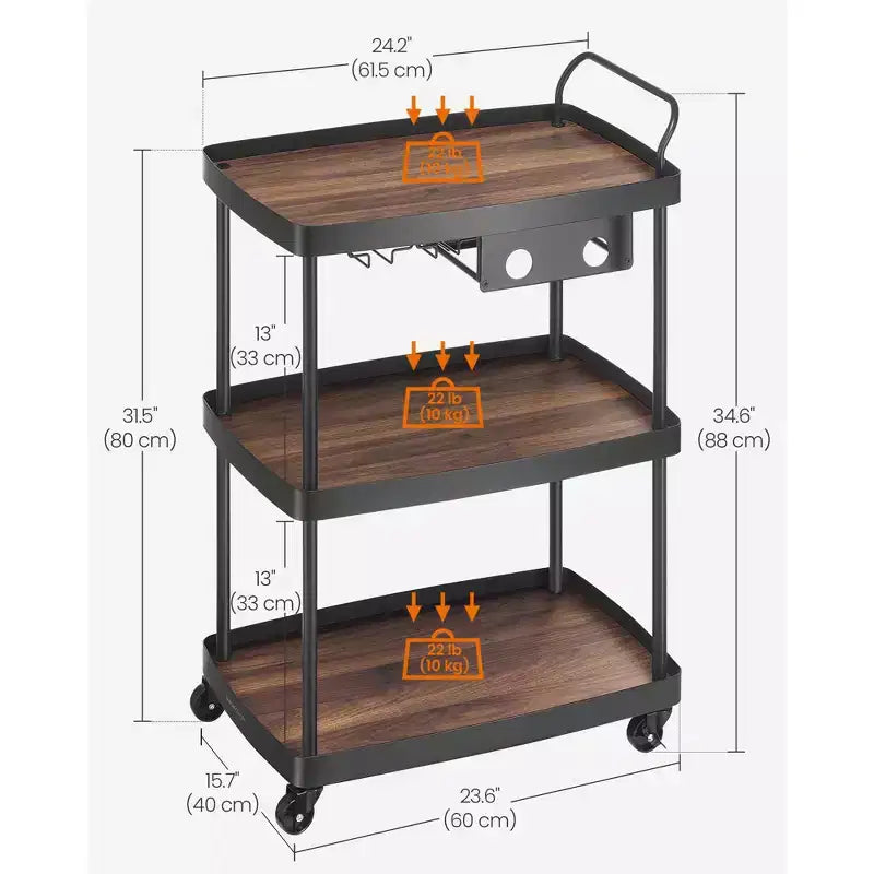 SONGMICS HOME 3-Tier Bar Cart with Wine Rack & Glass Holder - Mobile Serving Cart, Swivel Wheels with Locks