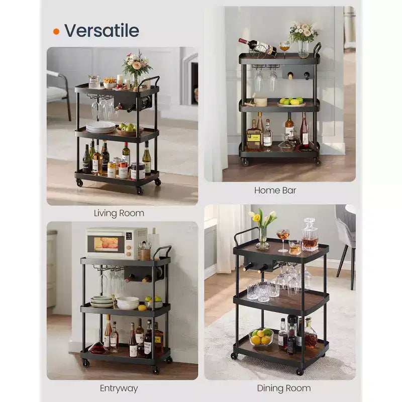 SONGMICS HOME 3-Tier Bar Cart with Wine Rack & Glass Holder - Mobile Serving Cart, Swivel Wheels with Locks