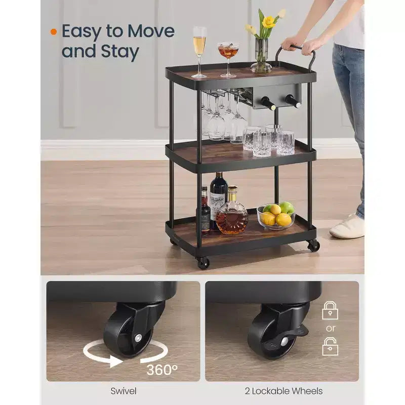 SONGMICS HOME 3-Tier Bar Cart with Wine Rack & Glass Holder - Mobile Serving Cart, Swivel Wheels with Locks