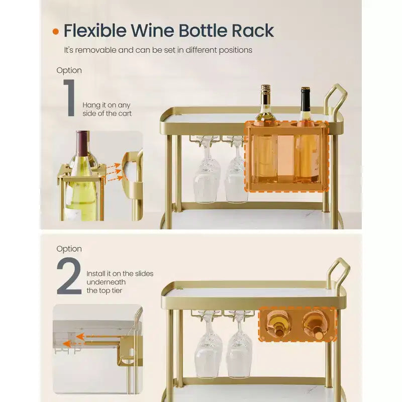 SONGMICS HOME 3-Tier Bar Cart with Wine Rack & Glass Holder - Mobile Serving Cart, Swivel Wheels with Locks