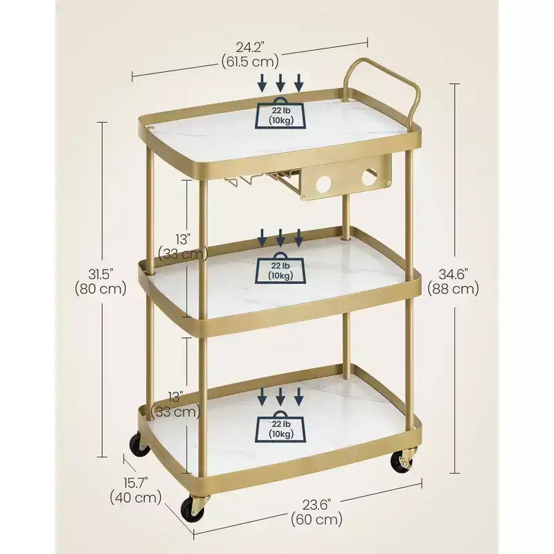 SONGMICS HOME 3-Tier Bar Cart with Wine Rack & Glass Holder - Mobile Serving Cart, Swivel Wheels with Locks