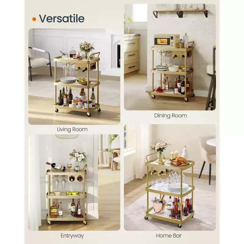 SONGMICS HOME 3-Tier Bar Cart with Wine Rack & Glass Holder - Mobile Serving Cart, Swivel Wheels with Locks