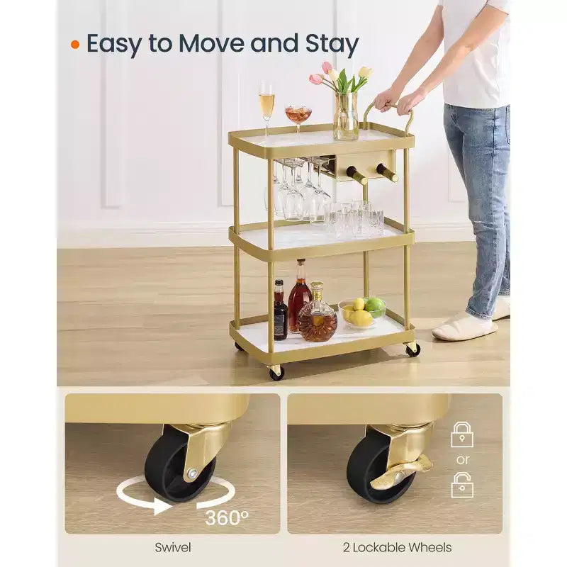 SONGMICS HOME 3-Tier Bar Cart with Wine Rack & Glass Holder - Mobile Serving Cart, Swivel Wheels with Locks
