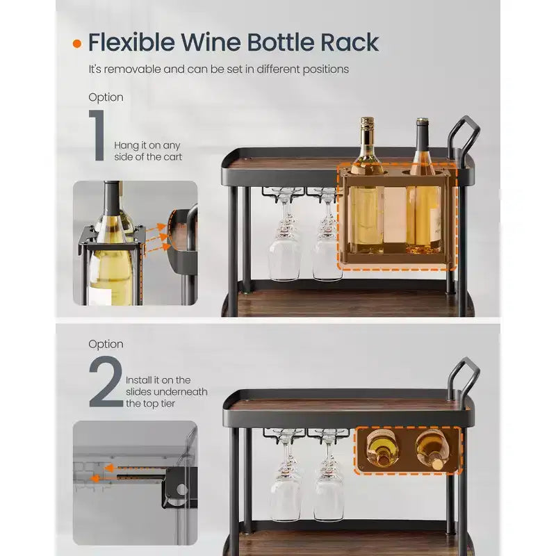 SONGMICS HOME 3-Tier Bar Cart with Wine Rack & Glass Holder - Mobile Serving Cart, Swivel Wheels with Locks