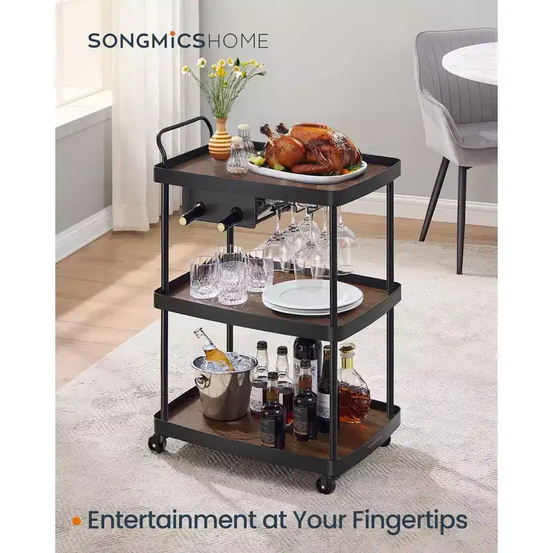 SONGMICS HOME 3-Tier Bar Cart with Wine Rack & Glass Holder - Mobile Serving Cart, Swivel Wheels with Locks