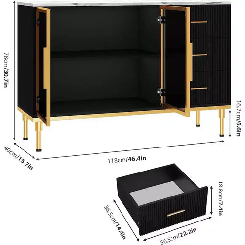 46.4 Fluted Sideboard Buffet Cabinet with Faux Marble Top, Large Storage for Kitchen, Featuring 2 Glass Doors, 3 Drawers, Adjustable Shelves