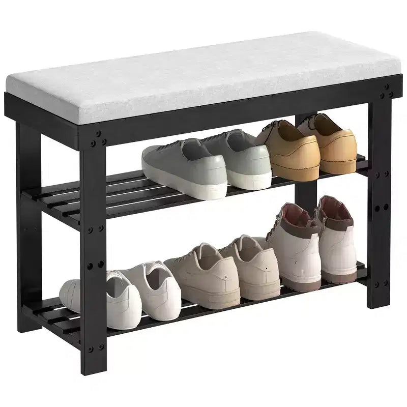 MAYEERTY 3 Tier Shoe Racks Bamboo Shoe Bench Entryway with Cushion and Adjustable Shelves for Hallway Mudroom living Room Black