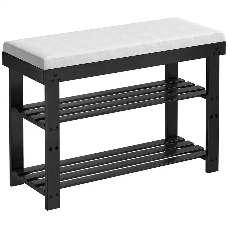 MAYEERTY 3 Tier Shoe Racks Bamboo Shoe Bench Entryway with Cushion and Adjustable Shelves for Hallway Mudroom living Room Black