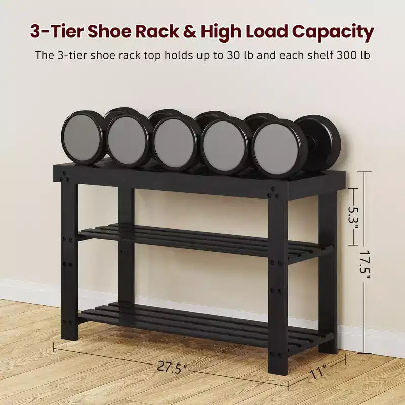 MAYEERTY 3 Tier Shoe Racks Bamboo Shoe Bench Entryway with Cushion and Adjustable Shelves for Hallway Mudroom living Room Black