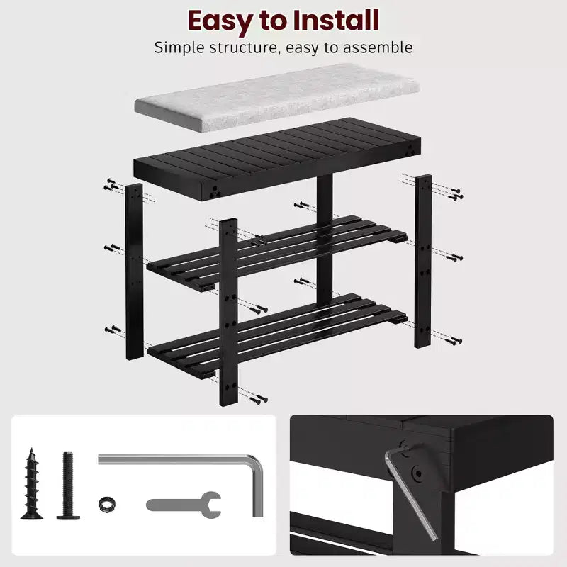 MAYEERTY 3 Tier Shoe Racks Bamboo Shoe Bench Entryway with Cushion and Adjustable Shelves for Hallway Mudroom living Room Black